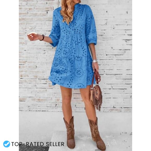 Eyelet Lace Midi Dress V-Neck Puff Sleeve Tiered A-Line Casual Chic - Picture 5 of 6